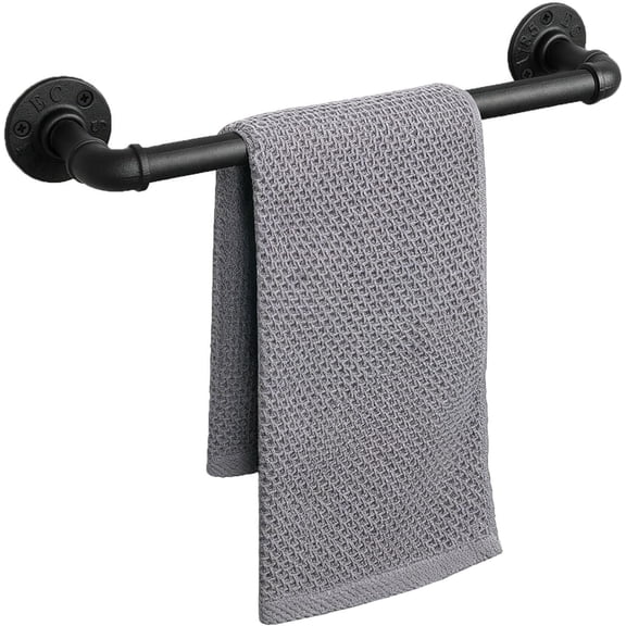 Industrial Pipe Towel Rack Towel Bar, Heavy Duty Wall Mounted Rustic Farmhouse Bath Towel Holder for Bathroom (Black, 16 inch)