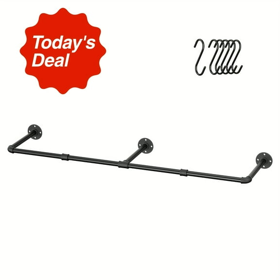 Industrial Pipe Wall-Mounted Clothes Rack - 55" Heavy Duty Garment Bar with 6 Hooks, Space-Saving Retro Design