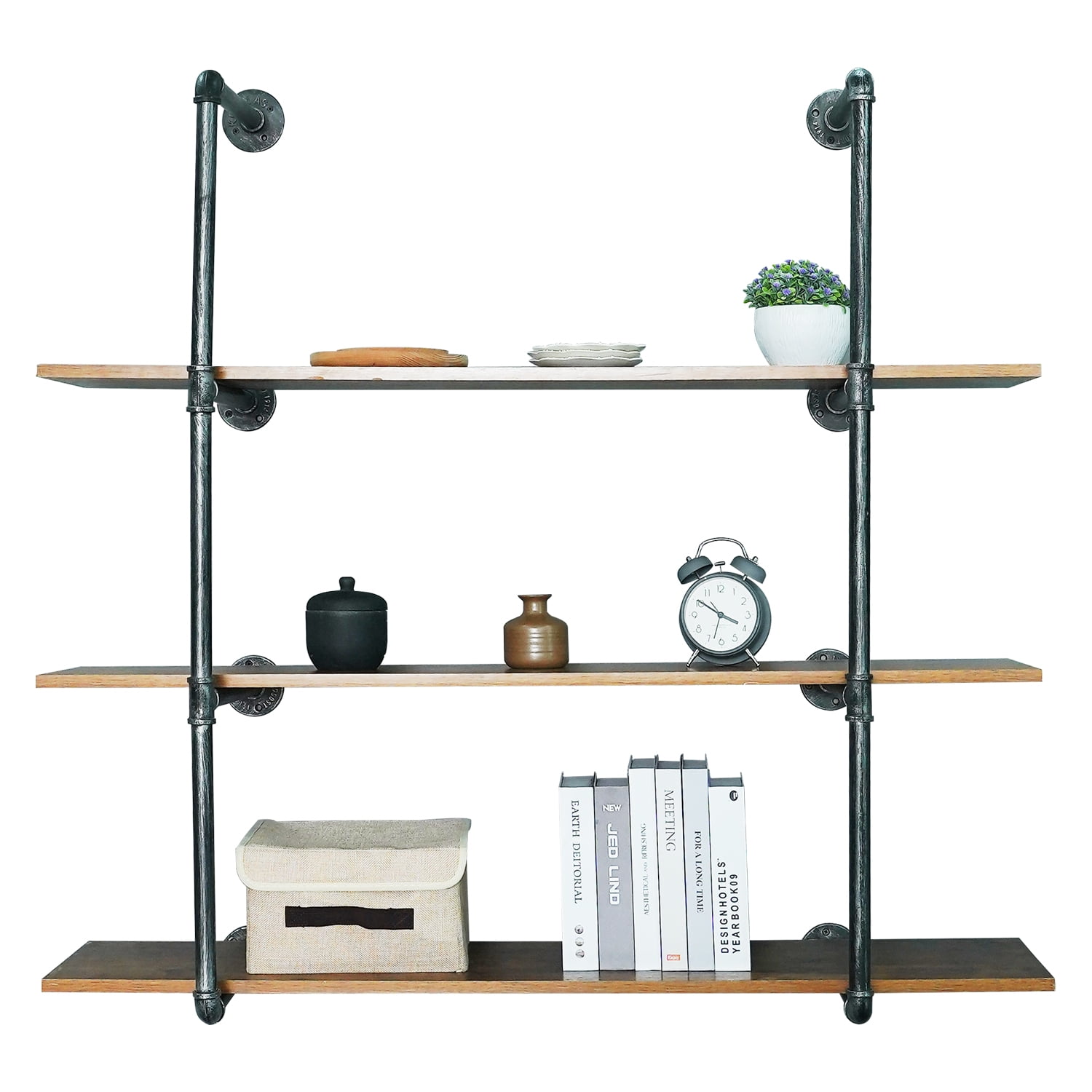 Industrial Pipe Wall Shelves Pipe Shelving with Real Wood Plank, 3 Tier