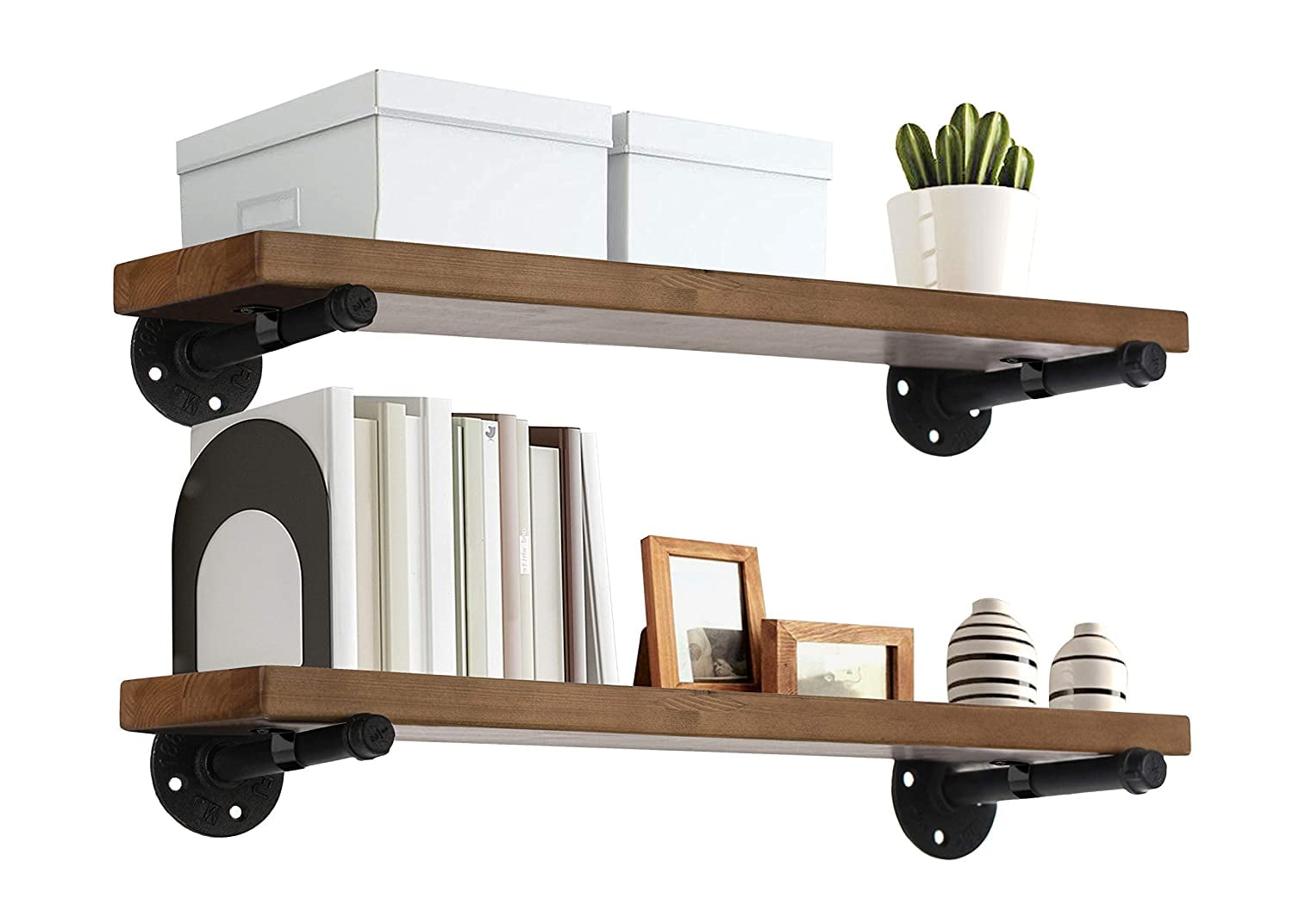 Industrial Pipe Wood Wall Shelf 24" Espresso Real Wooden Shelving