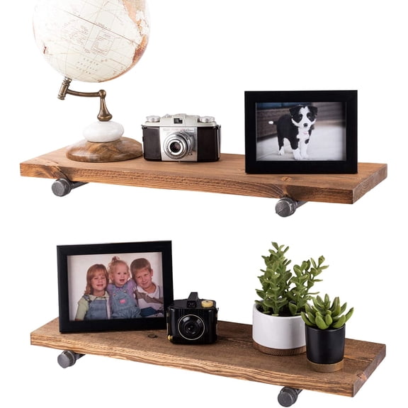 Industrial Pipe Wooden Shelves Restore by Pipe DÉCOR Premium Douglas Fir Wood Shelving 24 Inch Length Set of 2 Boards and 4 Straight Brackets Autumn Brown Finish