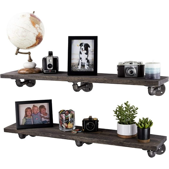 Industrial Pipe Wooden Shelves Restore by Pipe DÉCOR Premium Ponderosa Pine Wood Shelving 36 Inch Length Set of 2 Boards and 6 L Brackets Boulder Black Finish