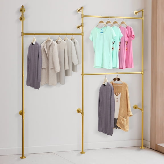 Industrial Pipes Wall Mounted Clothing Rack Garment Rack, Gold 74 inch Clothes Hanging Bar for Clothes Store Living Room