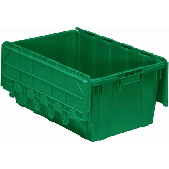 Industrial Plastic Stackable Storage KeepBox Tote Container with Hinged Attached Lid, 27-Inch L x 17-Inch W x 12-Inch H, Green