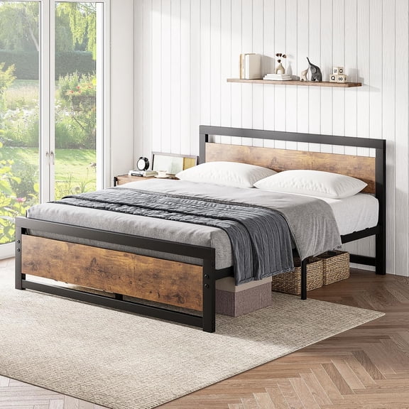 Industrial Platform Bed Frame with Headboard, Sturdy Metal and Wood Design, Retro Brown, Ample Under-Bed Storage, No Box Spring Needed, Easy Assembly,Full