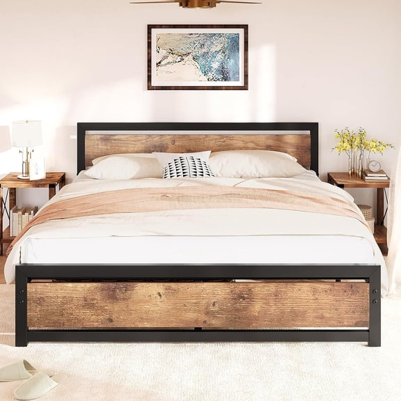 Industrial Platform Bed Frame with Headboard, Sturdy Metal and Wood Design, Retro Brown, Ample Under-Bed Storage, No Box Spring Needed, Easy Assembly,King