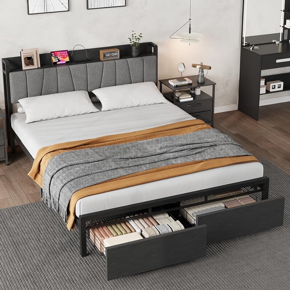 Industrial Platform Bed Frame with Storage Headboard, 2 Drawers, Charging Station, Metal Slats, No Box Spring Needed, Noise-Free, Easy Assembly,Full,Black