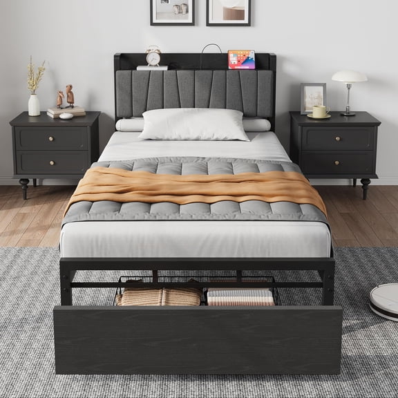 Industrial Platform Bed with Storage Drawer and Built-in USB Charging, Upholstered Headboard Bed Frame, No Box Spring Needed,Black,Twin Size
