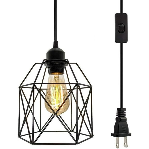 Industrial Plug in Pendant Light, Black Cage Pendant Light Fixture with On/Off Switch, E26 Socket Vintage Hanging Light, Farmhouse Pendant Lighting for Kitchen Living Room Dining Room
