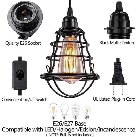 Industrial Plug in Pendant Light, Vintage Hanging Cage Pendant Light with Plug in Cord, Farmhouse E26 E27 Edison Pendant Lighting with On/Off Switch for Living Room Dining Room
