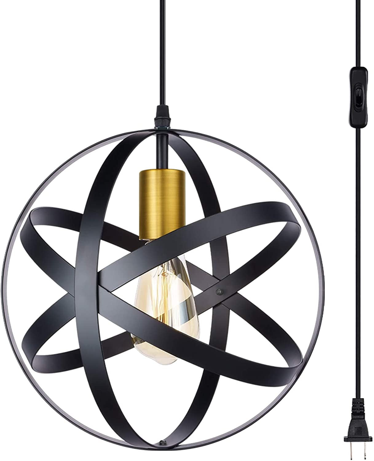 Industrial Plug-in Pendant Hanging Light Metal Globe Vintage Ceiling Light  Fixture Black Spherical Chandelier with On/Off Switch for Kitchen Island,  Bedroom, Dining Hall, Entryway