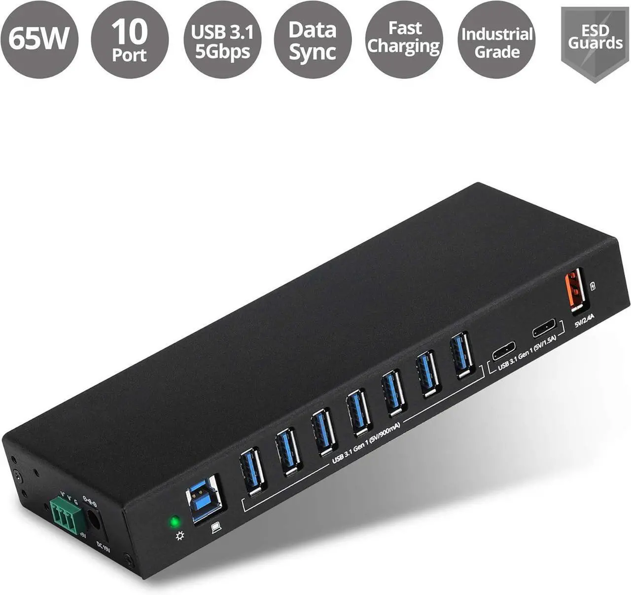 Industrial Powered USB C & USB 3.1 Hub, Splitter, 10 Port, Powered Multiport Hub Expander for Desktop, Laptop, Tablets, Cellphone, External HD, Keyboard and Mouse