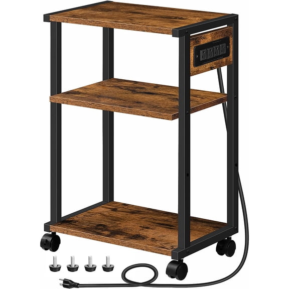 Industrial Printer Stand with Charging Station, 3-Tier Printer Table, Rolling Printer Cart with Adjustable Shelf and Hook, Rustic Brown and Black