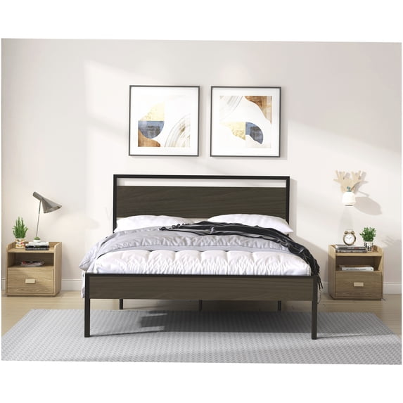 Industrial Queen Bed Frame with Wood Headboard, Platform Base with Storage, Quiet, Tool-Free Assembly, No Box Spring Required