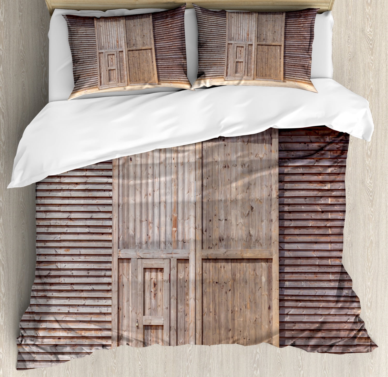 Queen Size Rustic Brown Wooden Barn Door Duvet Cover Set