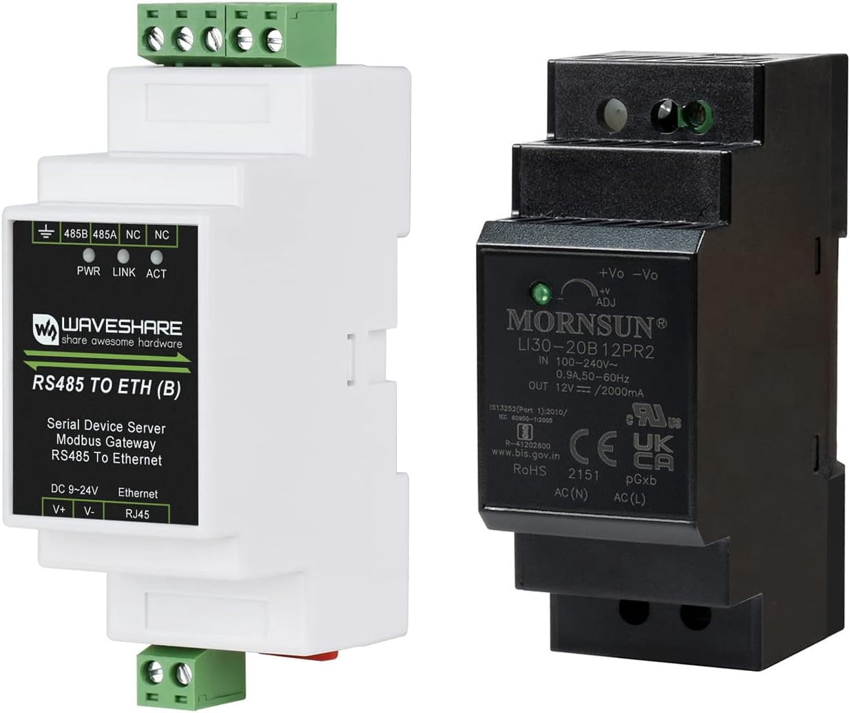 Industrial Rail-Mount RS485 Serial Server RS485 to RJ45 Ethernet TCP/IP to Serial Rail-Mount Support with 12V 2A Industrial DIN-Rail Power Supply AC/DC Converter