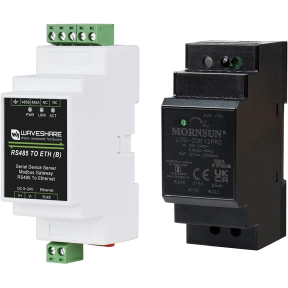 Industrial Rail-Mount RS485 Serial Server RS485 to RJ45 Ethernet TCP/IP to Serial Rail-Mount Support with 12V 2A Industrial DIN-Rail Power Supply AC/DC Converter