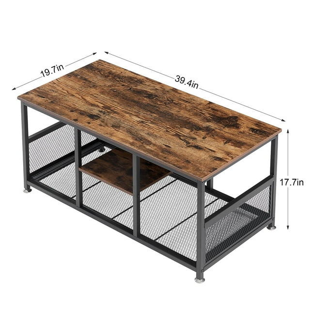 Industrial Rectangle Wood Coffee Table with Storage Shelf, Metal Frame Home Tea Table Desk Brown