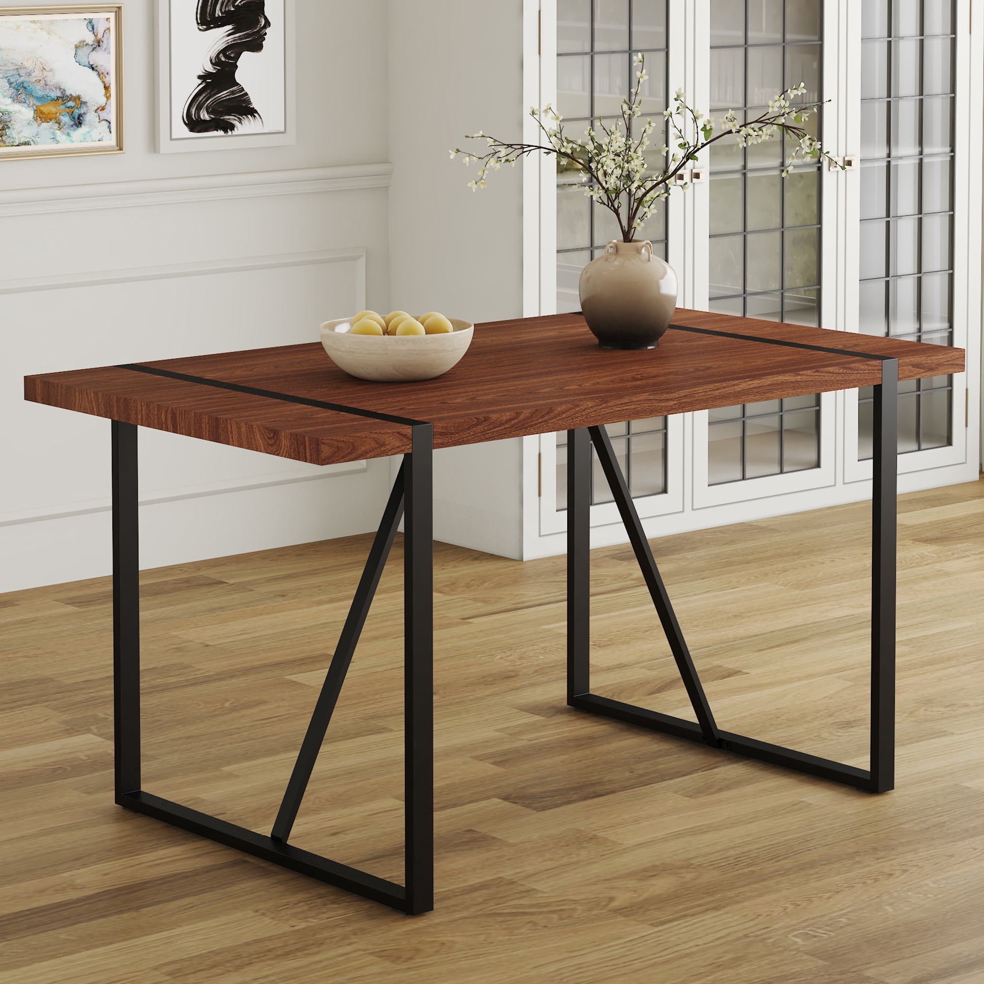 Industrial Rectangular MDF Walnut Color Wood Grain Dining Table for 4-6 ...