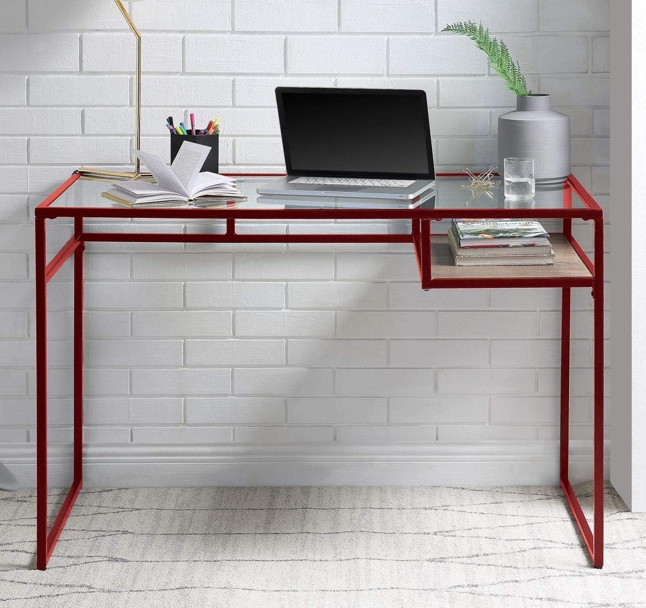 Industrial Rectangular Writing Desk with Open Compartment, Glass Top ...