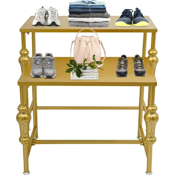 Industrial Retail Display Tables, 2PCS Standing Clothing Shoes Display Rack, Retro Unit Storage Shelves, Modern Boutique Display Table Storage Shelves for Retail Store, Clothing Store (Gold)