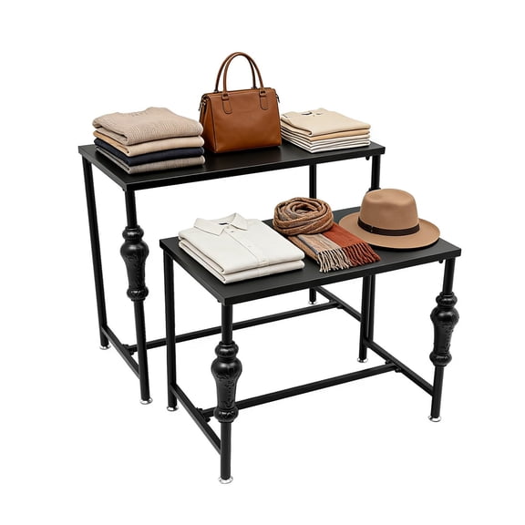 Industrial Retail Display Tables, Set of 2 Modern Standing Clothing Shoes Display Rack Boutique Display Table Storage Shelves Store Display Adjustable Feet for Retail Store, Clothing Store