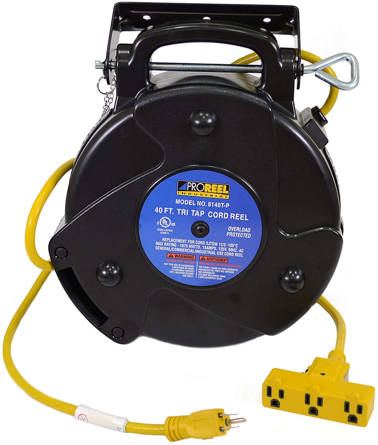 Industrial Retractable Extension Cord Reel Tri-Tap and Circuit Breaker  8140T-P 