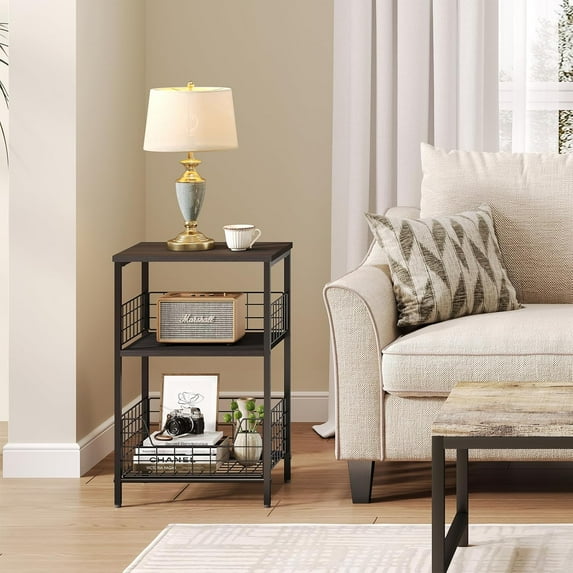 Industrial Retro Side Table with 3 Tiers Storage, Record Player Stand for Living Room, Bedroom, Office (Black)