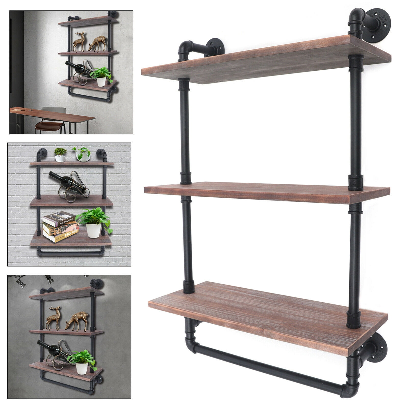Industrial Retro Wall Mounted Iron Pipe Shelf Hung Bracket DIY Storage