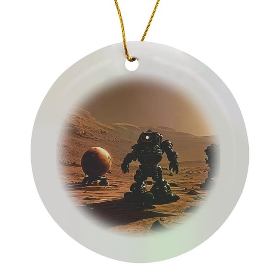 3drose, Industrial Robots and Androids on Mars. Funny Digital Art for You, Circle Porcelain Ornament
