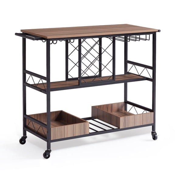 Industrial Rolling Beverage Cart 3 Tiers 300 LBS Lockable Wheels Removable Tray Wine Rack Glass Holder Kitchen Dining Room Mobile Serving Station
