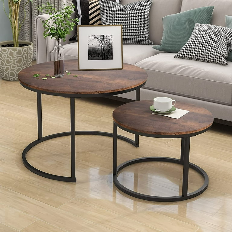 Set Of 2 Brown Wooden Round Top Accent Tables With Black Metal Frame Nesting Set Of 2 Brown Wooden Round Top Accent Tables With Black Metal Frame Nesting