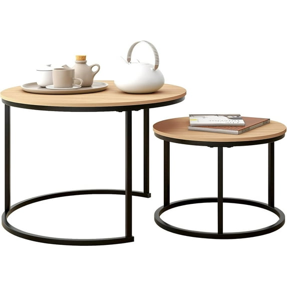Industrial Round Coffee Table Set of 2 End Table for Living Room,Stacking Side Tables, Sturdy and Easy Assembly,Wood Look Accent Furniture with Metal Frame,Black+Rustic Brown