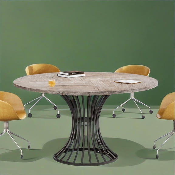Industrial Round Dining Table for 4-6 | Wood Grain MDF Top & Metal Base | 46.85" | Modern Kitchen & Conference Room Furniture