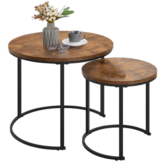 Industrial Round Nesting Coffee Table Set of 2, Circle Nested Tables for Living Room Small Spaces Office, Sturdy Stacking Table Easy Assemble, Rustic Brown