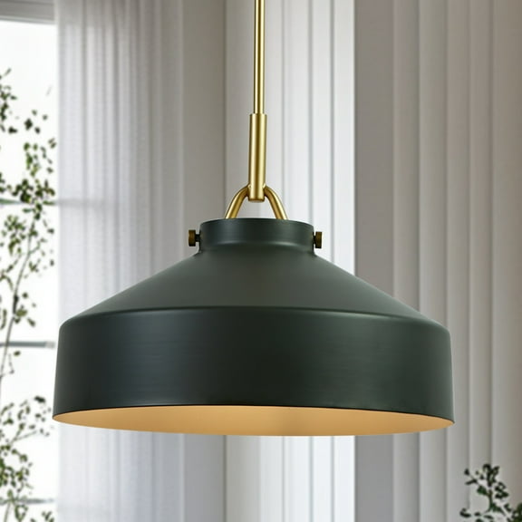 Industrial Round Olive Shade Shade 16 Inch Pendant with Brass Pole, Hand-polished Ceiling Light with Metal, Unique Elegant Ceiling Lamp, Pendant Lighting for Living Room, Dining Room, Bedroom