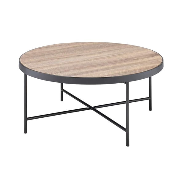 Industrial Round Wooden Coffee Table with Metal Frame, Weathered Gray Oak Finish - 32" Diameter, Particle Board Top, Sturdy X-Crossbar Base, KD Assembly, Perfect for Living Room Decor