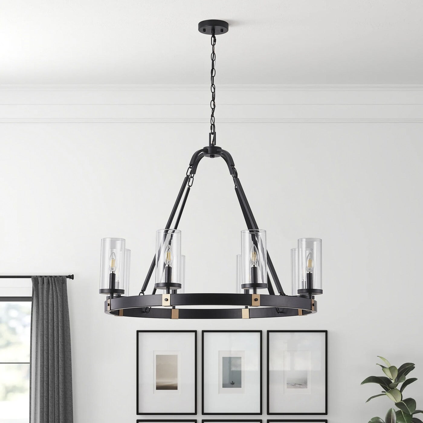 Black Industrial Wagon Wheel Candle Chandelier with Clear Glass Shades