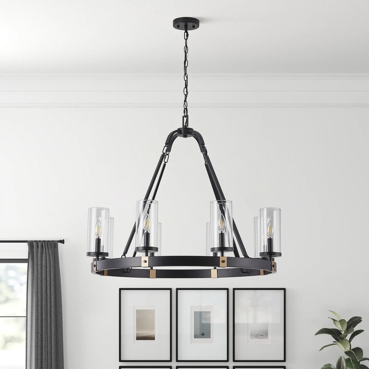 Black Industrial Wagon Wheel Candle Chandelier with Clear Glass Shades