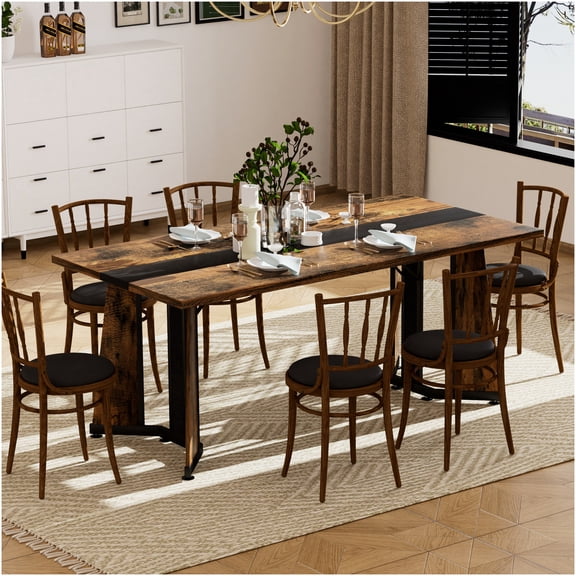 Industrial Rustic Brown 8-Person Dining Table, Waterproof MDF Top with Adjustable Legs for Kitchen, Living Room, Office