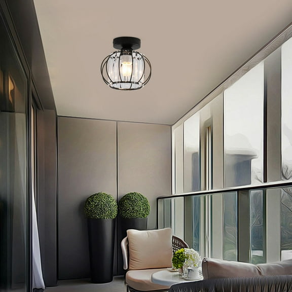 Industrial Rustic Cage Ceiling Light Semi Flush Mount Crystal Pendant Lamp