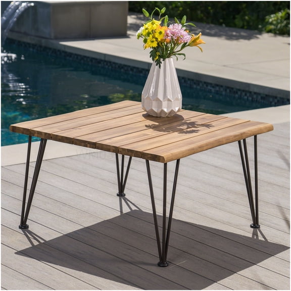 Industrial Rustic Coffee Table for Patio, Teak Acacia Wood Top and Metal Iron Base Outdoor Garden Table