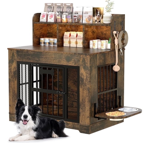 Behost 34" Dog Crate Furniture for Small /Medium Dogs with LED Light Feeding Bowls, Dual-Layer Storage, Decorative Dog Kennel for Indoor ,Rustic Brown