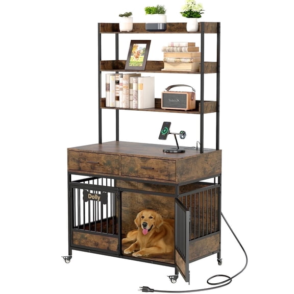 Behost 39" Dog Crate Furniture for Small/Medium/Large Dogs with LED Light , 3-Layer Storage, Decorative Dog Kennel for Indoor ,Rustic Brown