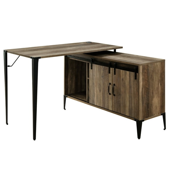 Industrial Rustic Oak Desk With Sliding Barn Door, Provide Ample Work Area And Functionality, Conceal Cords Neatly System Office Writing Table, Spacious Worktop, Door Compartment, Neat Cord