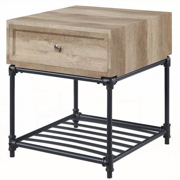 Industrial Rustic Oak End Table with Storage & Sturdy Metal Legs
