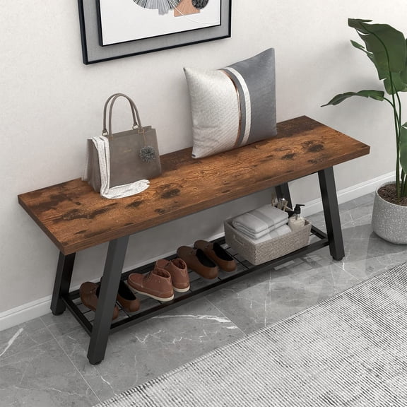 Industrial Rustic Storage Bench with Shoe Rack Brown Wood and Black Metal