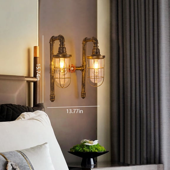 Industrial Rustic Wall Light Iron Pipe Glass Lampshade Steam Punk Wall Sconce 110V 40W 35*40cm for Bedroom, Living Room, Study Room