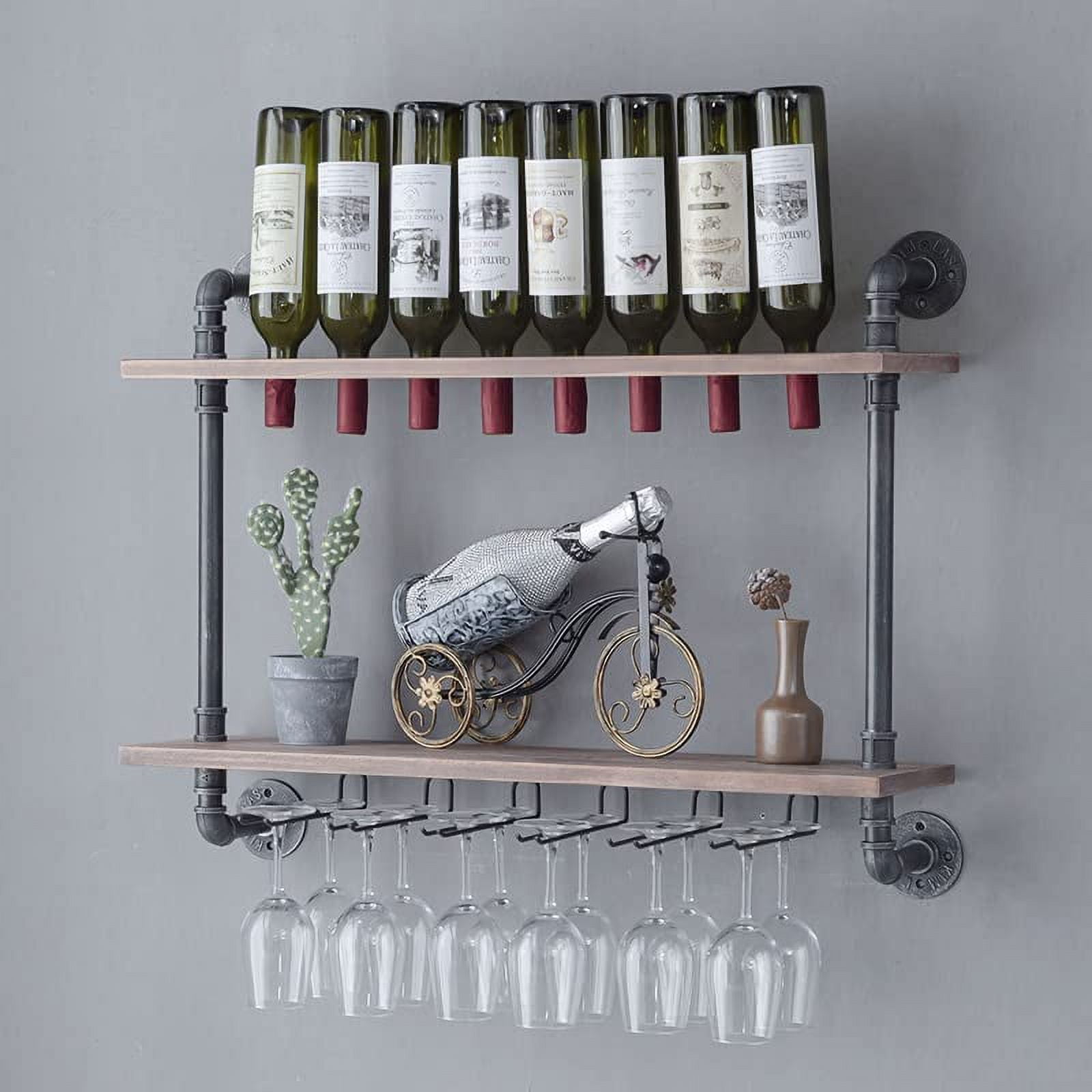 Industrial Rustic Wall Mounted Wine Racks with Glass Holder Pipe Hanging Wine Rack,2Tiers Wood