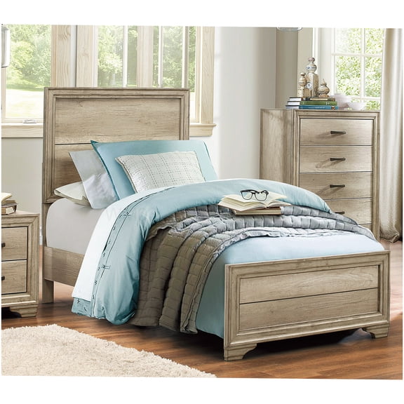 Industrial Rustic Wood Platform Bed Frame, Twin Size Low Profile Bed with Headboard